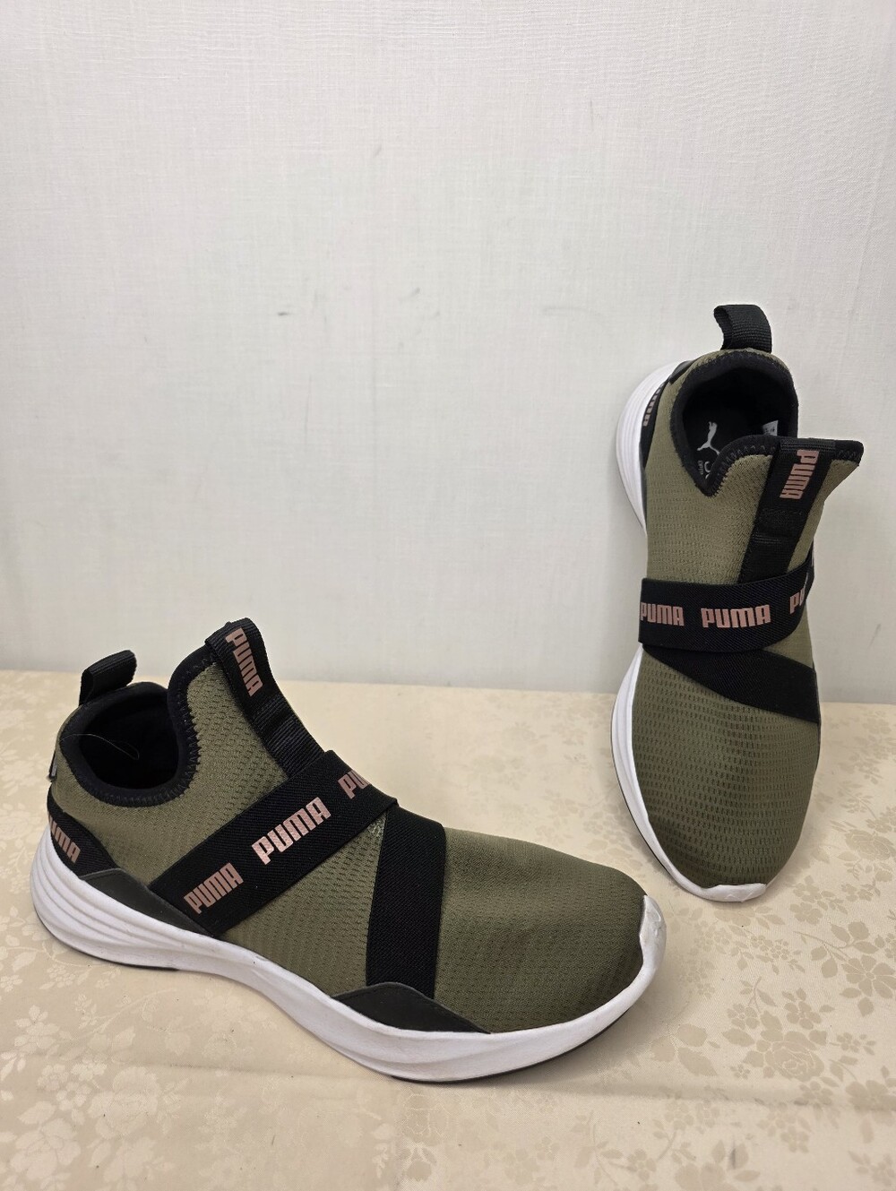 PUMA Radiate Mid Slip-On Sneakers Olive Green Pink Rose Gold Women’s Size 8.5